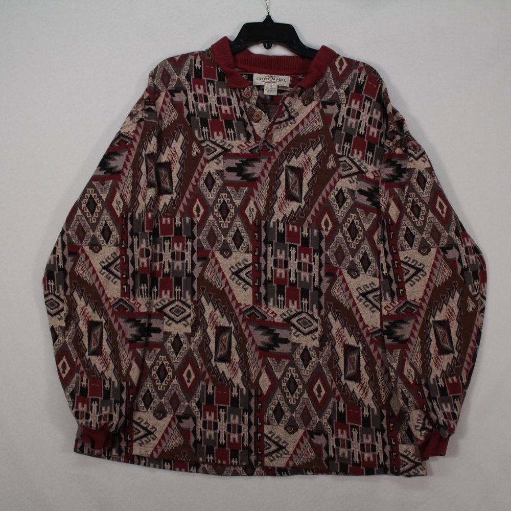 Cotton Mill Shirt Men's XL Southwest Aztec Pattern Long Sleeve Polo